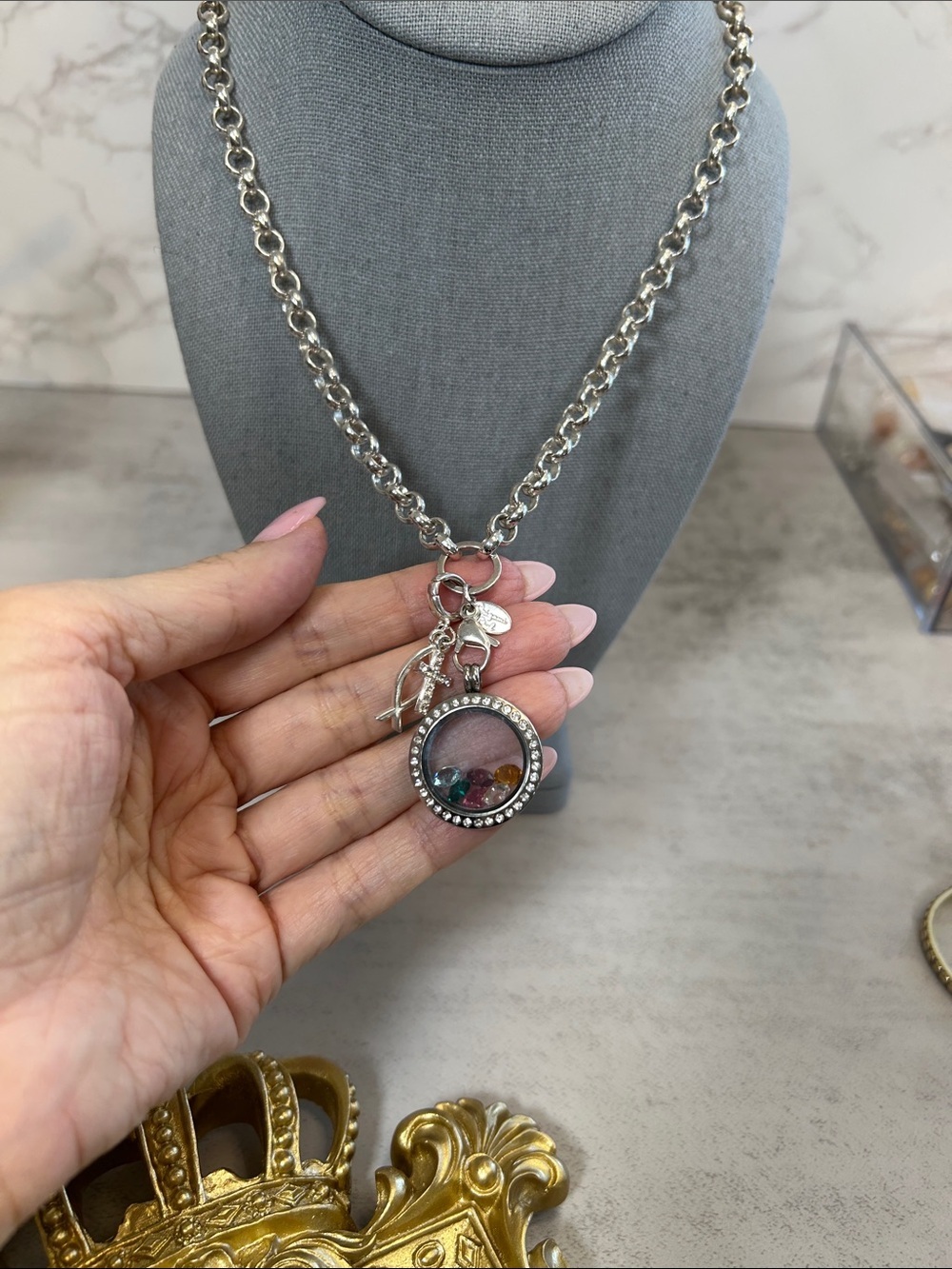 Bundle of Md Crystal Pendant Locket Necklace with Multi-Color Crystal Charm
